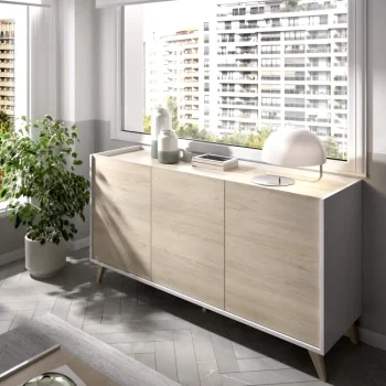 DEKIT Muebles De Salón^Aparador De 3 Puertas Ness Blanco - Natural 155 X 75 X 43 Cm