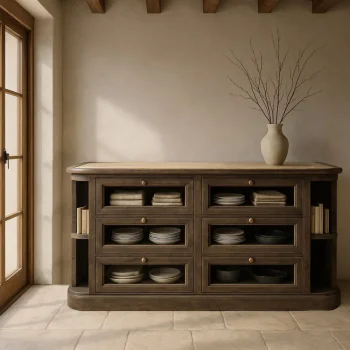 IXIA Muebles De Salón^Aparador De 6 Cajones Vitrina En Madera De Mango Marrón Y Mármol 155 X 88 X 51 Cm