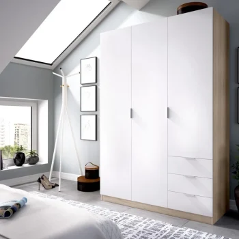 DEKIT Armarios Blancos|Armarios Roperos^Armario Essen 3 Puertas Y 3 Cajones Roble Natural - Blanco 121 X 184 X 52 Cm