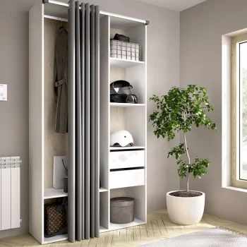 DEKIT Armarios Blancos|Armarios Roperos^Armario Vestidor Suit Con Cortina, 2 Cajones Trasera Reversible Blanco - Roble Natural 98 X 205 X 53 Cm