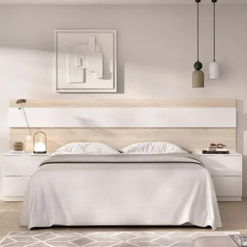 DEKIT Conjuntos Dormitorios Matrimonio Baratos^Cabecero Con 2 Mesitas Niza Roble Natual - Blanco 248 X 96 X 35 Cm