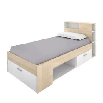 DEKIT Camas Baratas^Cama Compacta Con Cabecero Integrado Lanka Roble Natural - Blanco Con Un Cajón Y Puerta 99 X 96 X 218 Cm