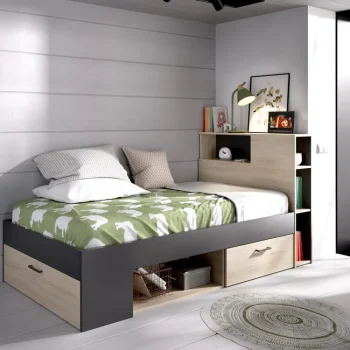 DEKIT Camas Baratas^Cama Compacta Con Cabecero Integrado Lanka Roble Natural - Grafito Con Un Cajón Y Puerta 99 X 96 X 218 Cm