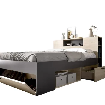 DEKIT Conjuntos Dormitorios Matrimonio Baratos^Cama Compacta Con Cajón Lanka Roble Natural - Grafito Para Colchón De 135 - 140 X 190 Cm 150 X 95 X 219 Cm