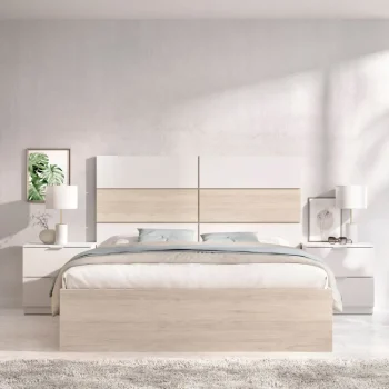 DEKIT Conjuntos Dormitorios Matrimonio Baratos^Cama Con Cabecero Y 2 Mesitas De Noche Astra Blanco - Roble Natural 259 X 122 X 196 Cm