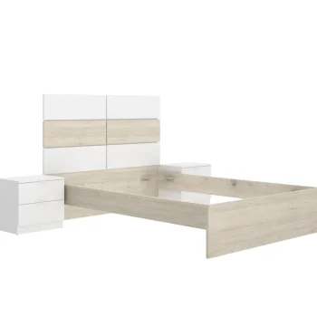 DEKIT Conjuntos Dormitorios Matrimonio Baratos^Cama Con Cabecero Y 2 Mesitas De Noche Astra Blanco - Roble Natural 259 X 122 X 196 Cm