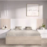 DEKIT Conjuntos Dormitorios Matrimonio Baratos^Cama Con Cabecero Y Dos Mesitas De Noche Loma Blanco - Alistonado - Roble Natural 259 X 96 X 196 Cm