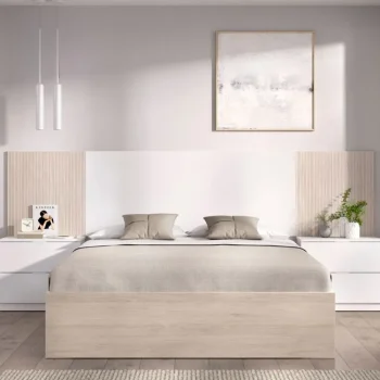 DEKIT Conjuntos Dormitorios Matrimonio Baratos^Cama Con Cabecero Y Dos Mesitas De Noche Loma Blanco - Alistonado - Roble Natural 259 X 96 X 196 Cm
