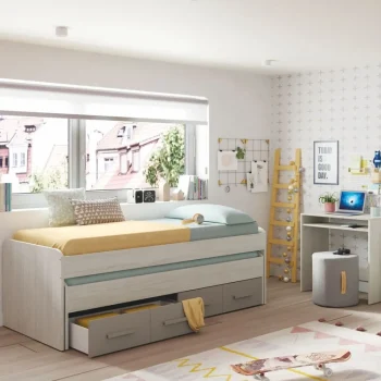 FORES Camas Nido Dobles|Camas Nido 90^Cama Doble Juvenil Con Dos Cajones Y Somieres Incluidos Blanco Alpes - Basalto Ares Plus 198 X 69 X 96 Cm