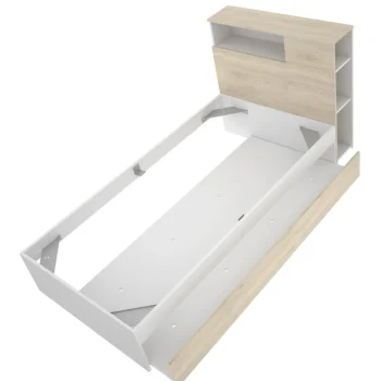 DEKIT Camas Nido Con Cabecero|Camas Nido Madera^Cama Nido Doble Con Cabecero Con Estante Y Mesita Ten Blanco - Roble Natural 99 X 96 X 218,2 Cm