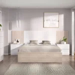 DEKIT Conjuntos Dormitorios Matrimonio Baratos^Dormitorio Completo Loma 2 Con Estructura De Cama, Dos Mesitas Y Sinfonier En Blanco Y Alistonado