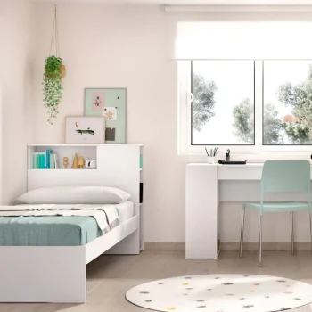 DEKIT Dormitorios Juveniles Completos^Dormitorio Moderno Ten: Estructura De Cama Con Cabecero, Mesita, Estantería Y Escritorio Blanco
