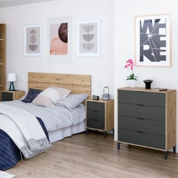 DISTRIGAL Conjuntos Dormitorios Matrimonio Baratos^Dormitorio Nórdico Enzo Roble Nodi - Antracita: Cabecero De Cama Con Dos Mesitas Y Cómoda.