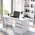 DEKIT Escritorios Juveniles Para PC|Escritorios Juveniles Minimalistas^Escritorio Shiro Blanco Brillo Con 2 Cajones Y 1 Puerta 139 X 75 X 60 Cm