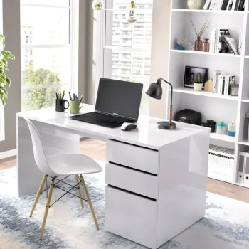 DEKIT Escritorios Juveniles Para PC|Escritorios Juveniles Minimalistas^Escritorio Shiro Blanco Brillo Con 2 Cajones Y 1 Puerta 139 X 75 X 60 Cm