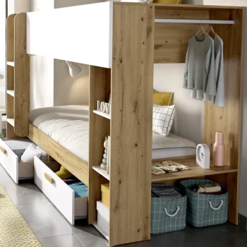 DEKIT Camas Nido Literas^Litera Vinty 2 Cajones Con Estantería Y Vestidor Blanco - Nordic 245 X 150 X 110 Cm