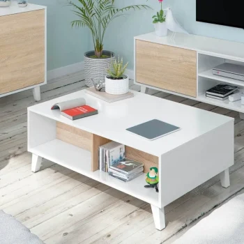 FORES Mesas Auxiliares^Mesa Centro Elevable Zaiken Plus Blanco Brillo - Roble Canadian 100 X 38 - 50 X 68 - 87 Cm