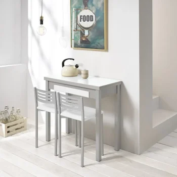 VELASCO Mesas De Cocina Plegables^Mesa De Cocina Libro Con Encimera En Cristal Blanco óptico Y Con Cajón Andrea