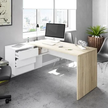 FORES Mesas De Estudio Y Escritorios Baratos^Mesa Despacho Rincón Con Buc Office Blanco Artik Roble