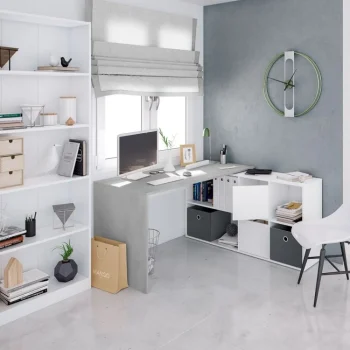 FORES Escritorios Esquineros Juveniles|Escritorios Juveniles Para PC^Mesa Escritorio Rincón Cemento Blanca Con Buc Adapta 136 - 203 X 74 X  139 - 33 Cm