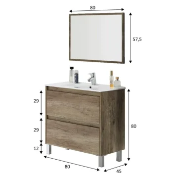 FORES Muebles De Lavabo^Mueble De Baño 80 Cm Roble Con 2 Cajones Sevilla