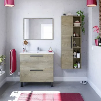 FORES Muebles De Lavabo^Mueble De Baño Económico Roble 80 Cm 2 Cajones Con Espejo