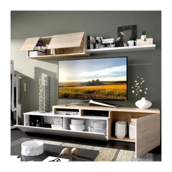 DEKIT Muebles De Salón^Mueble De Salón Elle Blanco Brillo - Roble Natural 201 X 180 X 41 Cm