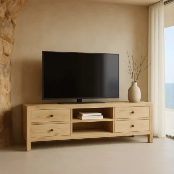 IXIA Muebles De Salón^Mueble De Televisión De Madera Mindi Natural 4 Cajones 150 X 55 X 40 Cm