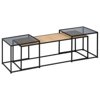 IXIA Mesas Auxiliares^Set De 3 Mesas De Centro De Ratán Y Cristal En Color Natural - Negro - Cristal 97,5 - 40 X 34,5 - 39 X 34 - 38 Cm